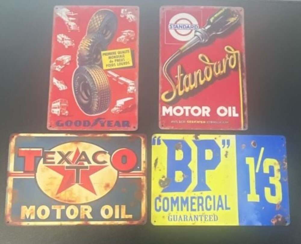 Set of 4 Vintage Style Retro Metal Garage Signs Gas and Oil Advertising Decor